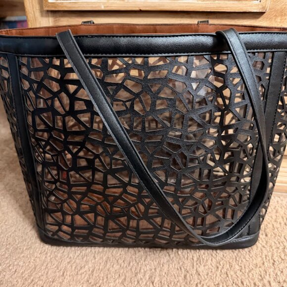 GUC~ 2/1 Laser Cut Out Black Shopper & Leopard Cross Body Bag-Purse-Tote (Bin 9) - Picture 7 of 11